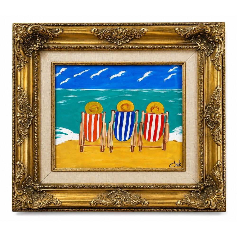 Original Beach Painting 3 Women Ocean Seascape Framed Signed Coastal Art 15x13